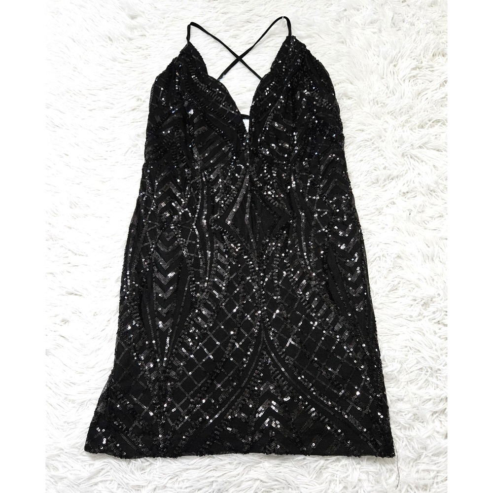 Lulus Women's Sz S Black Sequin Sleeveless Plunge Neck Sexy Mini Dress Clubwear - Picture 2 of 10